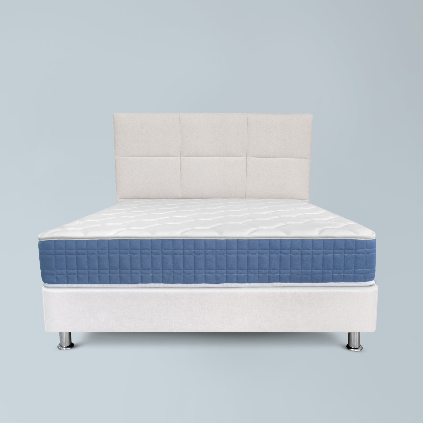 PAQUETE: Sommier Nara Blanco con Patas Metálicas + Cabecero Osaka Blanco + Colchón Mizu