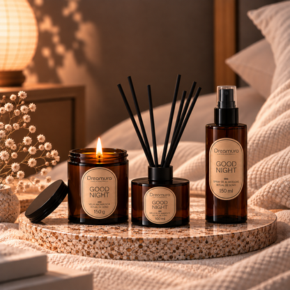 Pack Ritual Completo GOOD NIGHT Dreamura - vela, difusor de varetas e spray de almofadas