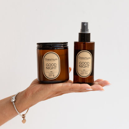 Vela Aromática e Spray de Almofadas GOOD NIGHT Dreamura — ritual de sono na palma da mão