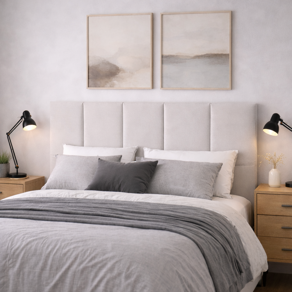 Cabeceira Kyoto Dreamura - cabeceira estofada minimalista de 4 linhas verticais em tecido hidrorrepelente