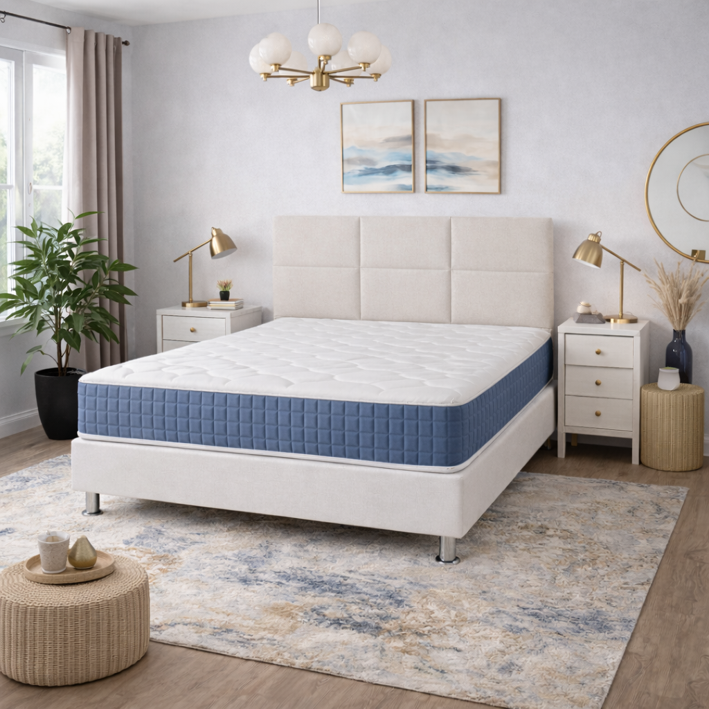 PAQUETE: Sommier Nara Blanco con Patas Metálicas + Cabecero Osaka Blanco + Colchón Mizu