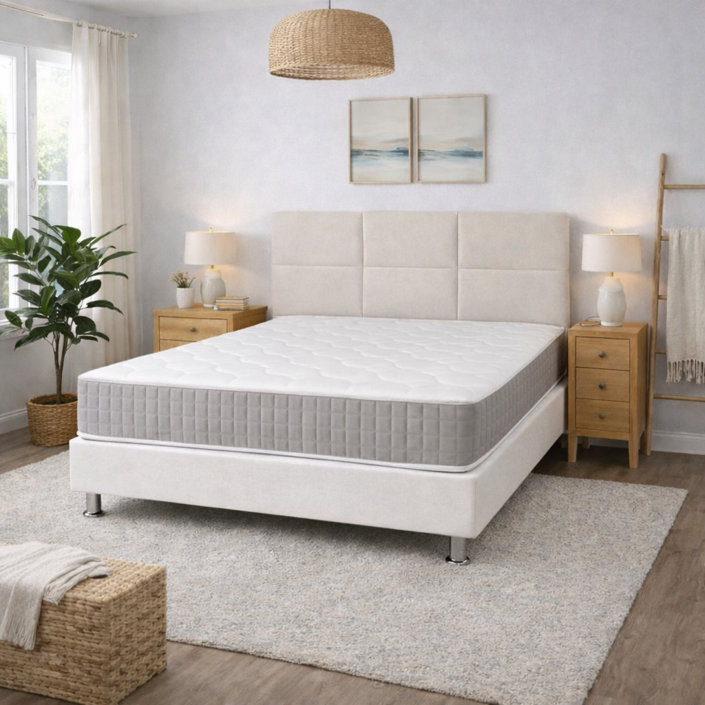 PAQUETE: Sommier Nara Blanco con Patas Metálicas + Cabecero Osaka Blanco + Colchón Kaizen